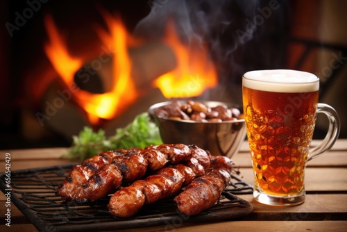 brimful lager pint on a wooden table, smoky sausages grilling in the background