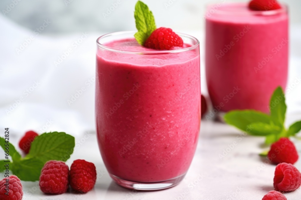raspberry smoothie with a mint leaf garnish raspberry smoothie with a mint leaf garnish