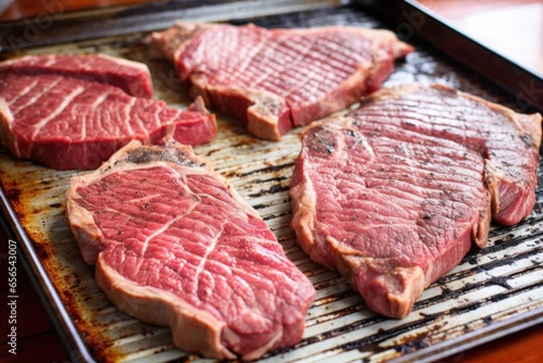 porterhouse steak with grill marks on a bright colored baking sheet