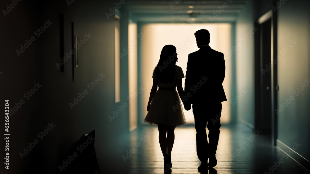Silhouette of couple, man and woman walking together down corridor towards light, holding hands