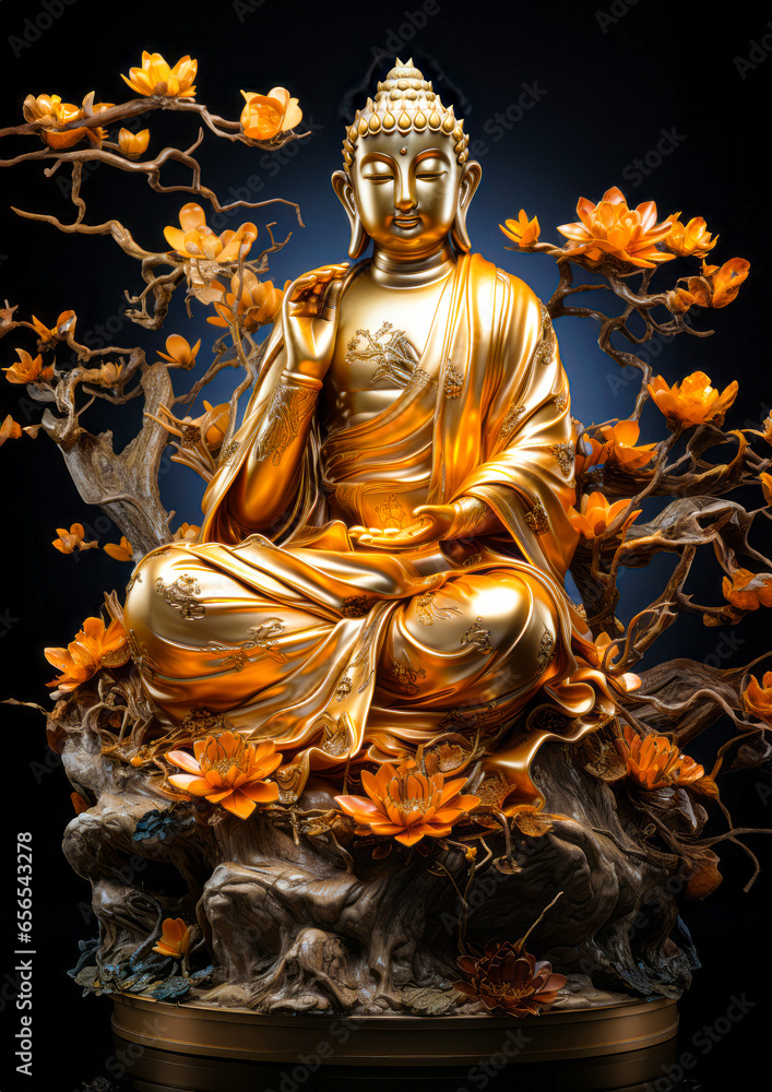 Fototapeta premium golden buddha statue in lotus position