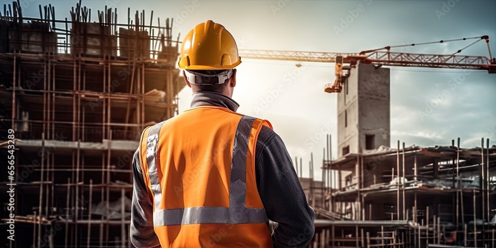 Construction vision. Engineer with blueprint on site. Building future. Architect in safety helmet. Blueprints and hardhats. Construction professional. Builder at construction site Construction vision. Engineer with blueprint on site. Building future. Architect in safety helmet. Blueprints and hardhats. Construction professional. Builder at construction site