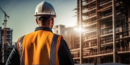 Construction vision. Engineer with blueprint on site. Building future. Architect in safety helmet. Blueprints and hardhats. Construction professional. Builder at construction site
