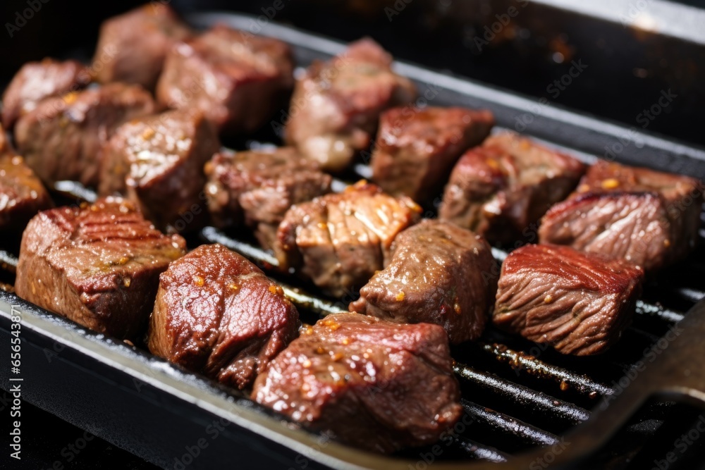 searing steak tips with garlic slices in a grill pan