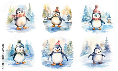 set of watercolor penguins wearing winter cloths ice sketing on the ponds with christmas trees surrounding vectors photo
