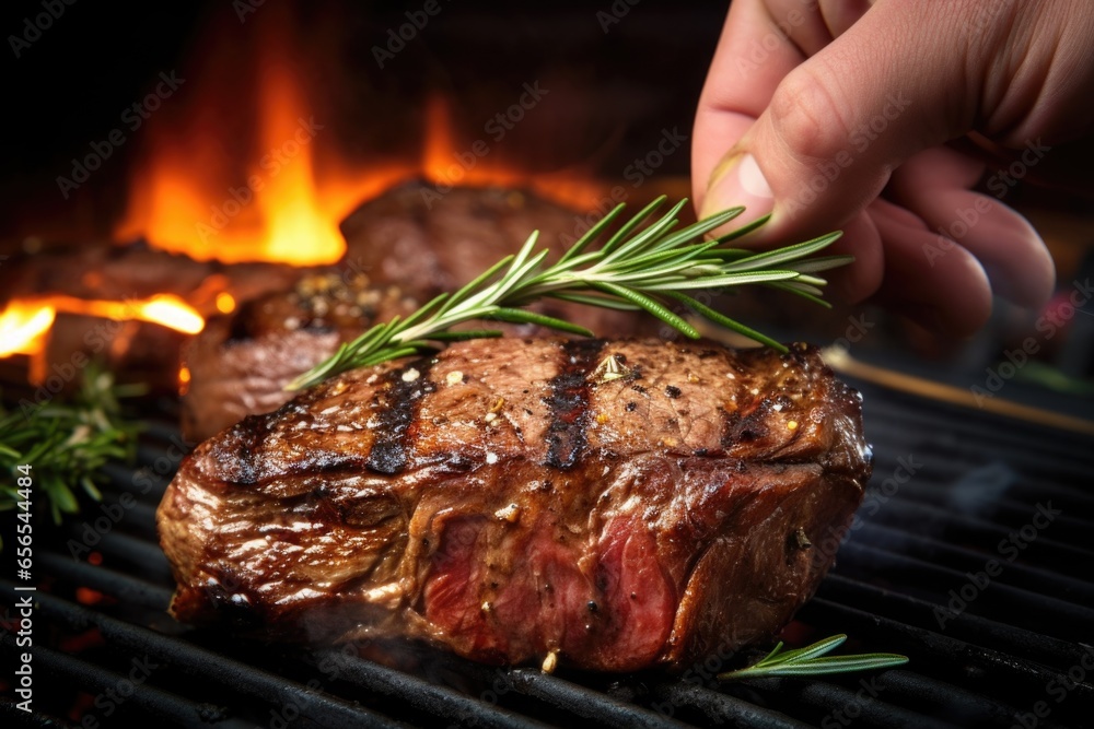 hand adding a sprig of rosemary to a beautifully grilled steak hand adding a sprig of rosemary to a beautifully grilled steak