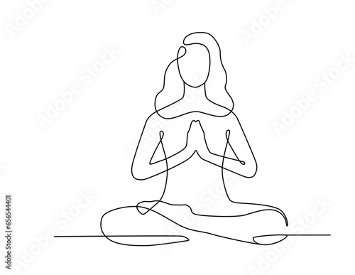 Line yoga drawing. Woman sitting in lotus pose, yoga meditation exercise