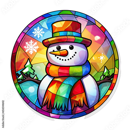 Rainbow colored snowman stained glass circular illustration