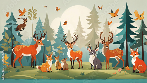 Bring out the playfulness of a group of forest animals in a whimsical woodland setting  all rendered in a minimalist vector style. Use basic shapes and crisp lines to define the animals generative AI