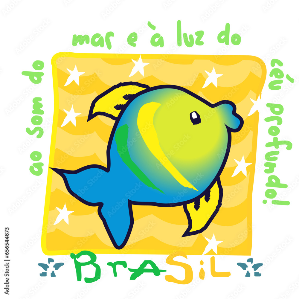 Fototapeta premium Cute fish in the colors of the Brazilian flag, Brazil print, anthem and patriotic phrase. vector illustration
