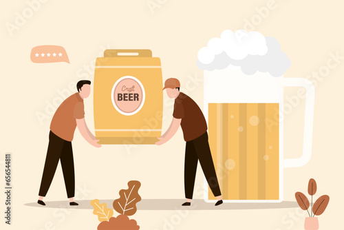 Pub workers carry giant beer keg. Preparing for an alcohol party. Bar staff with tank of beer. Large beer glass. Start of the weekend, fun, entertainment time.