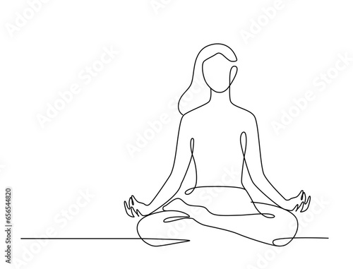Woman Lotus Yoga Line Drawing. Female doing exercise. Contour