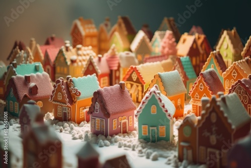 Traditional Christmas village made of gingerbread houses. Merry Christmas and happy new year concept. Food for the celebration. 