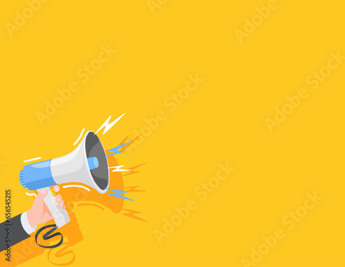 Business Hand holds a Megaphone speaker for announce, advertising, promotion, and Grand sale. Vector illustration for retail shopping online marketing template, banner, poster, and background.