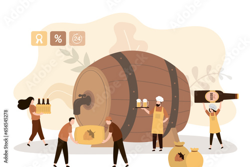 Brewery, concept banner. Craft beer production, modern brewing process. Team of workers with beer. Beerhouse technology for barleys and hops processing into an alcoholic drink.