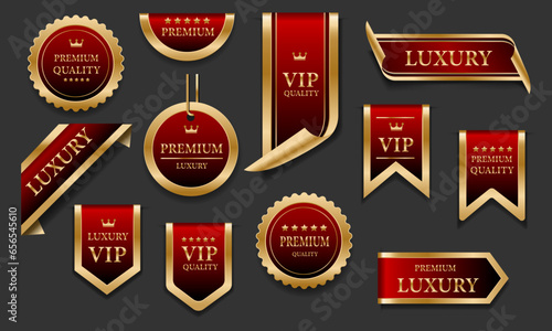 Red gold luxury premium quality label badges on grey background vector