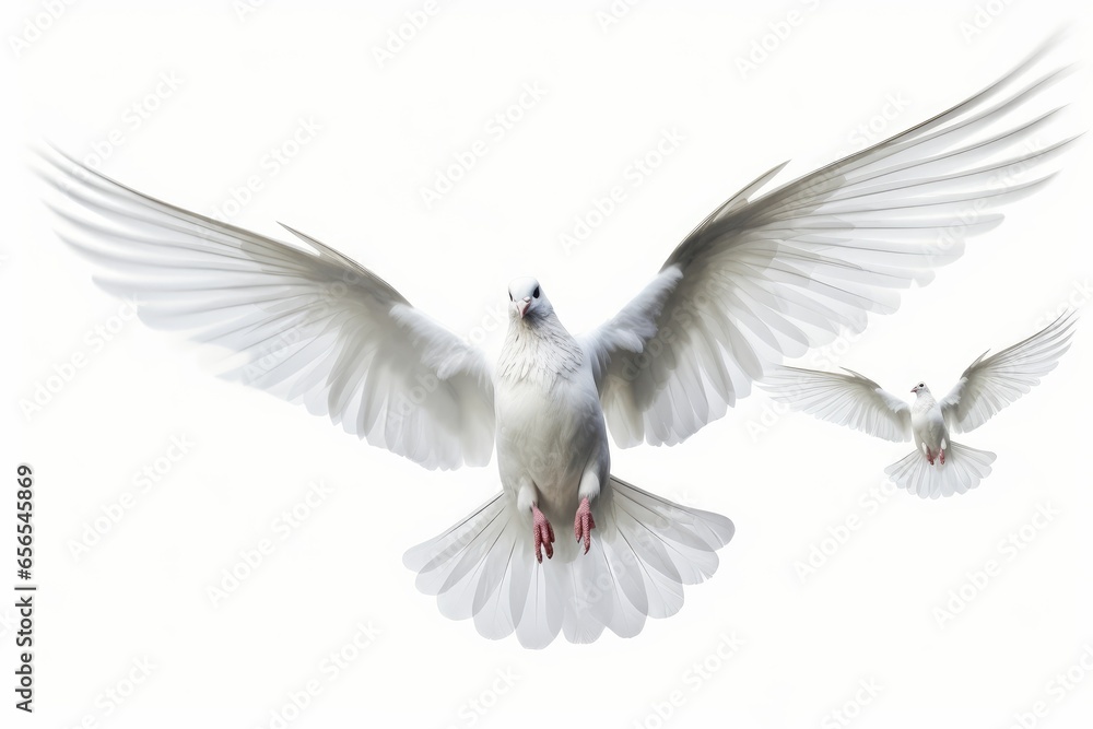 Obraz premium white dove in flightcon white background, Generative AI