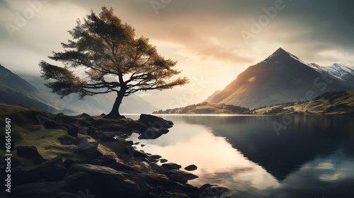 Panoramic landscape image of a tree reflected in a lake with mountains in the background