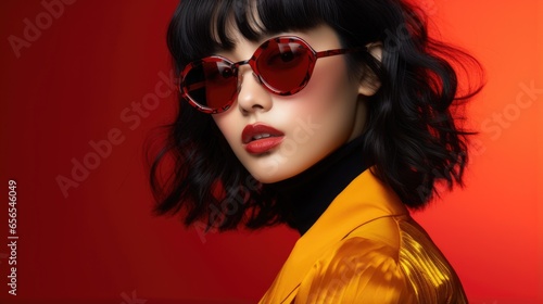 Photo of a beautiful Asian supermodel in fashionable glasses and short hair