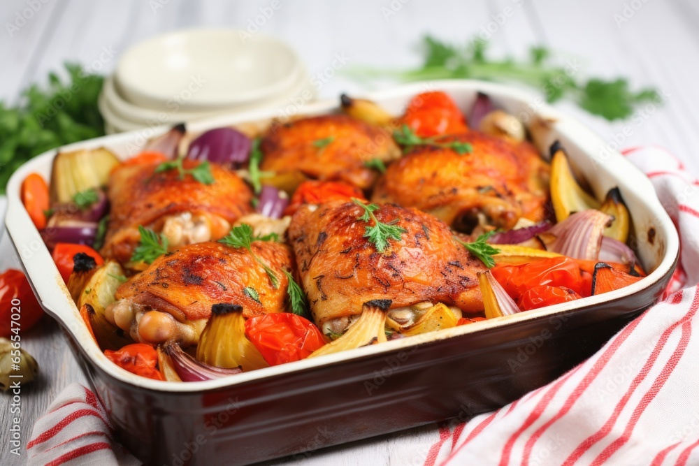 baked chicken thighs placed on an oven-proof dish with vegetables