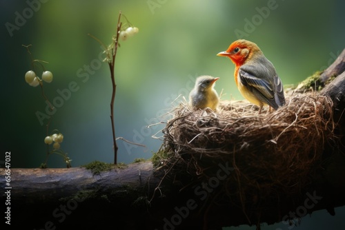 baby bird in the nest with a worm, and sibling watching from a distance