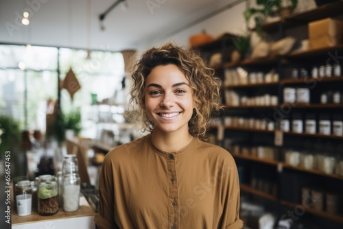 Portrait of a smiling young woman working in a zero waste store