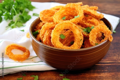 a bowl filled with crispy onion rings and parsley