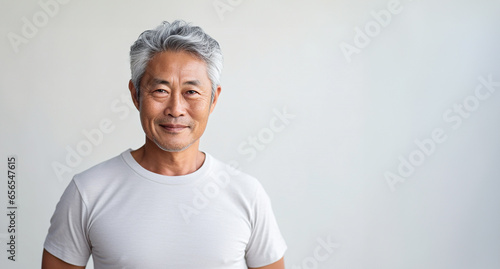 Portrait of a middle aged asian male model with grey hair isolated on white background. Wearing a blank white shirt. Handsome Elderly with white blank tshirt