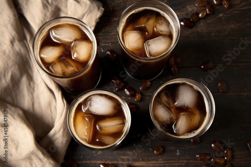 an overhead shot of root beer in multiple glasses