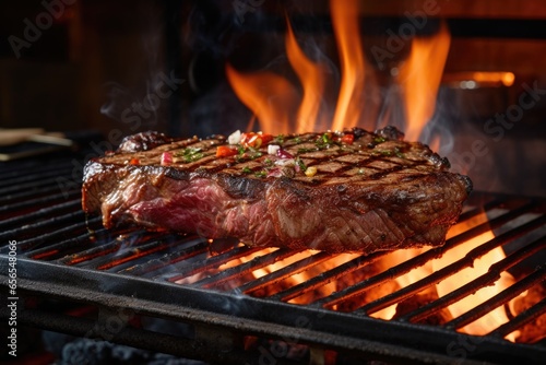 steak on an open grill with flames