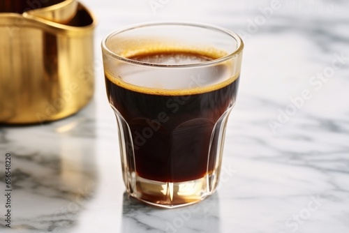 luxurious black coffee in a gold-rimmed cup on a marble countertop