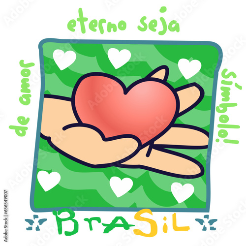 Red heart in a hand with hand-drawn Brazilian Flag anthem phrase. I love Brazil. Cute Brazil print illustration. vector