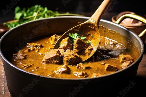focus on a ladle scooping up big chunks of beef curry photo