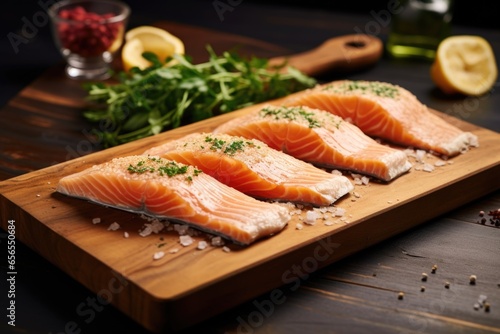 fresh salmon fillets on a board with herbs