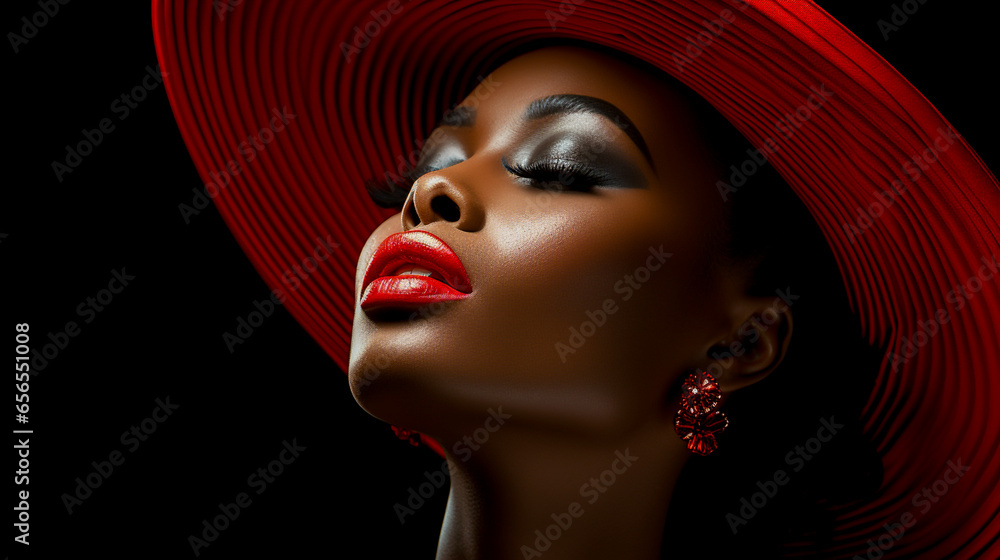 portrait of a africa woman with red hat and lips portrait of a africa woman with red hat and lips