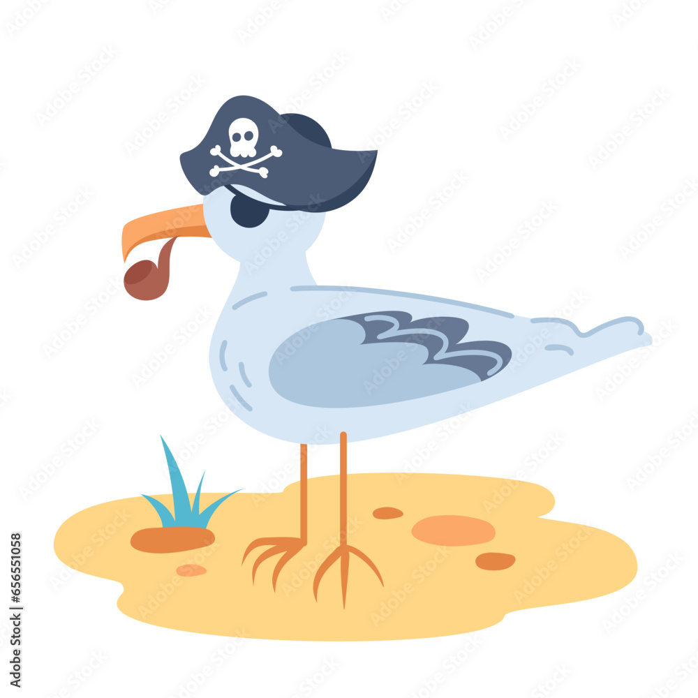 Cute sea gull sailor with a tobacco pipe in a cocked hat. Childrens cartoon character. One-eyed pirate, Jolly Roger, adventures and travels. Vector illustration in flat style. For stickers, design. Cute sea gull sailor with a tobacco pipe in a cocked hat. Childrens cartoon character. One-eyed pirate, Jolly Roger, adventures and travels. Vector illustration in flat style. For stickers, design.
