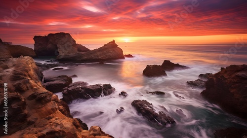 Beautiful sunset over the sea. Panoramic view of the rocky coast.