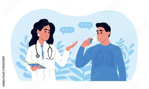 A doctor tells his patient how to use an inhaler during asthma attack. World Asthma Day. Allergy, asthmatic. Inhalation drug. Bronchial asthma.