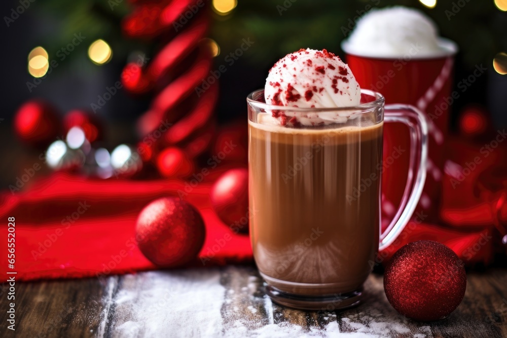 red mug of peppermint mocha beside a snow globe red mug of peppermint mocha beside a snow globe