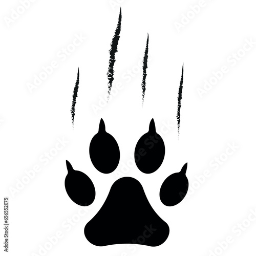 Animal paw print silhouette with claw marks, scratches, talons cuts cat, tiger, dog, lion, monster isolated on white background. Design for animal print, banner, poster. Vector illustration