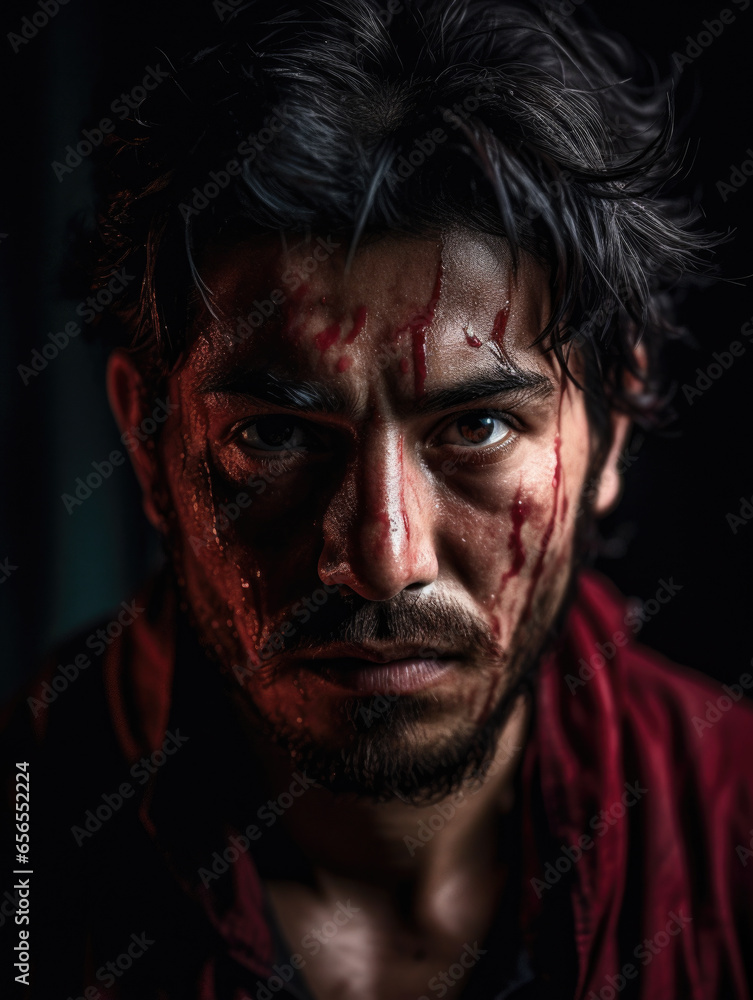 Man with blood on his face. Man with blood on his face.