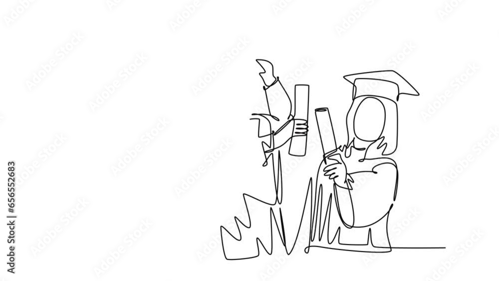 Self drawing animation single line draw group of happy graduate male and female college student wearing gown, holding diploma certificate paper. Education. Continuous line draw. Full length animated Self drawing animation single line draw group of happy graduate male and female college student wearing gown, holding diploma certificate paper. Education. Continuous line draw. Full length animated