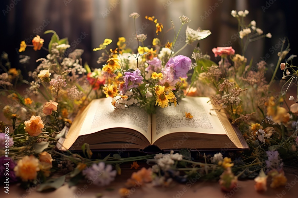 Wildflowers in an open book, juxtaposing the romance of nature and literature - obrazy, fototapety, plakaty 