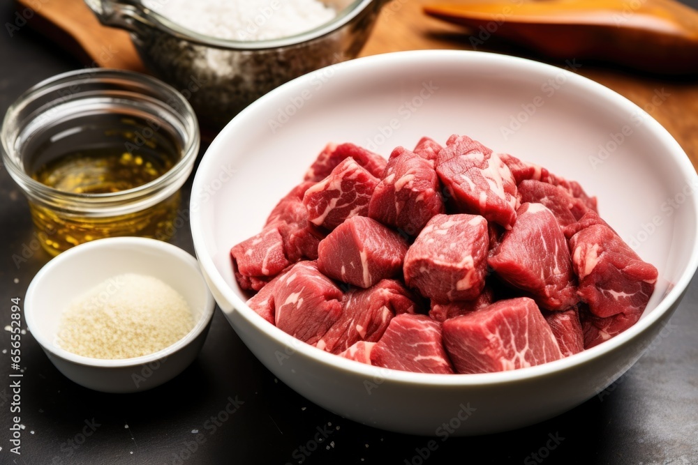 raw steak tips in a bowl with freshly minced garlic raw steak tips in a bowl with freshly minced garlic