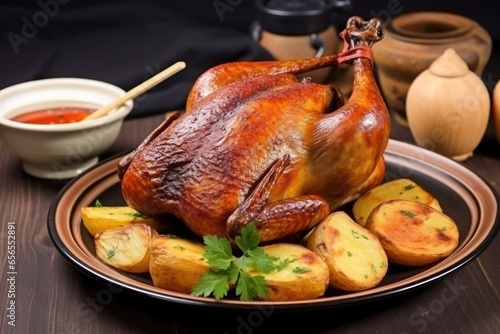 roast duck served with roasted potatoes on a decorative ceramic plate