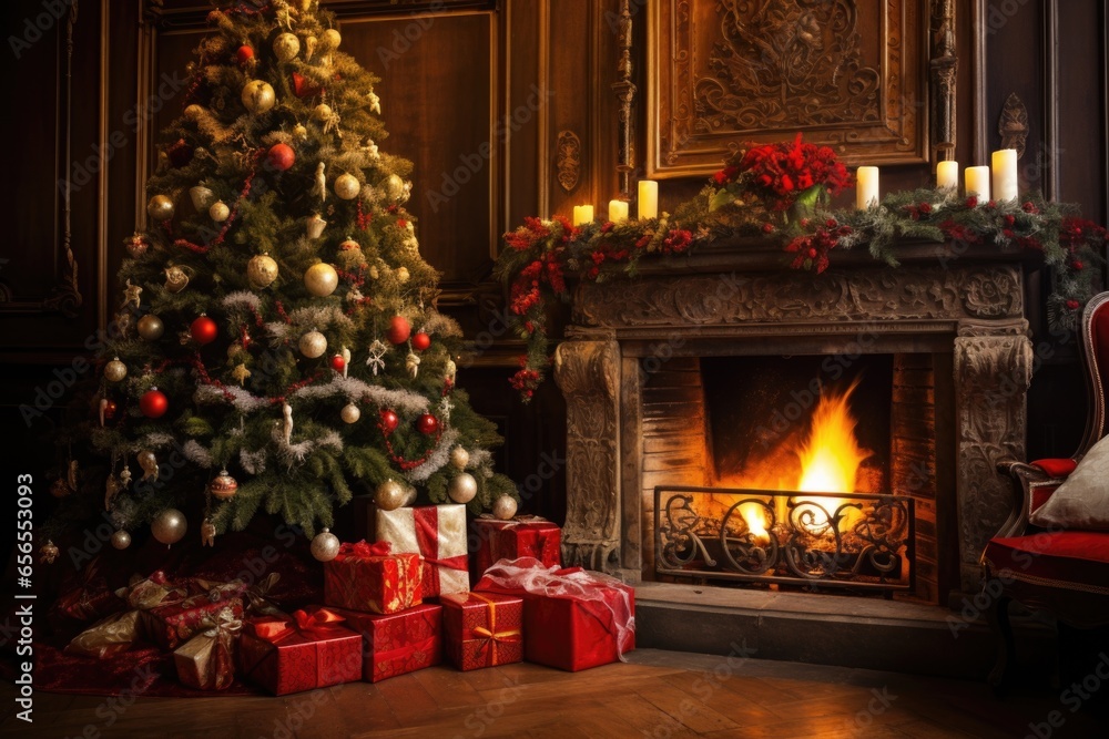 a well-decorated christmas tree beside a fireplace