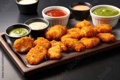 nuggets with dipping sauces on a tray