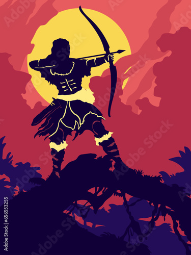 archer aiming arrow in moonlit night in a tree branch