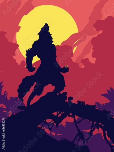 werewolf in a moonlit night howling in a tree branch