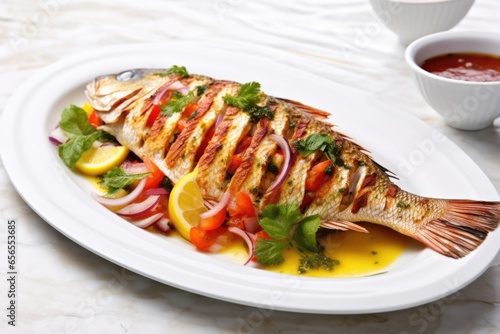 colorful garnished grilled fish on white ceramic plate